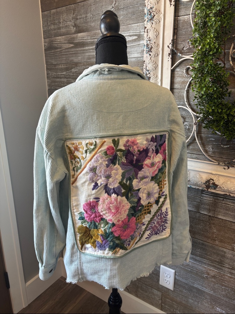 Up cycled (Size M) Women’s Light Blue Corduroy Jacket Embroidered Floral Panel